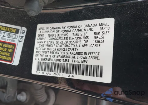 2013 Honda Cr-V Lx from USA, damaged, VIN 2HKRM3H33DH511884